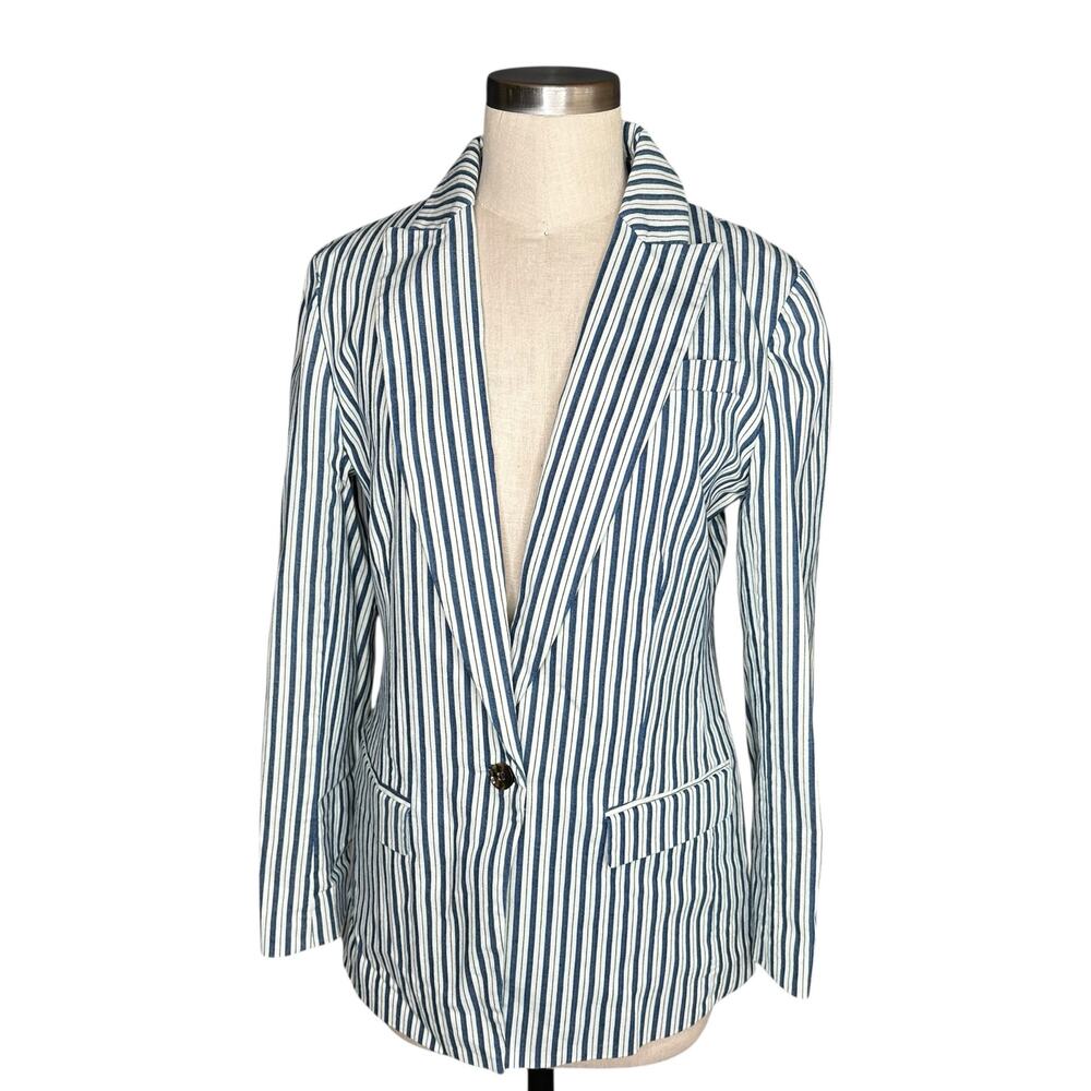 J CREW Willa Blazer Blue White Striped Button Front‎ Jacket Women's Size 8 NWT